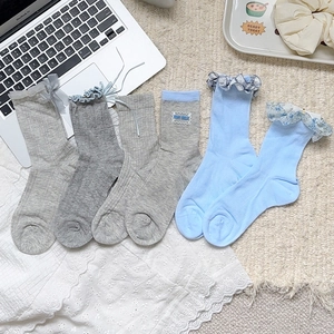 Chaussettes Femme Coton Mélangé Côtelé Dentelle Nœud Volant Style Japonais Doux JK Lolita Respirant Doux
