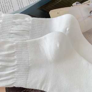 Close-up of white knit knee-high socks with ribbed cuffs next to a stylish bag and magazine