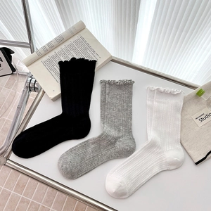 Detailed view of ruffled cuffs and vertical knit texture on Korean style crew socks