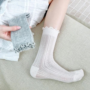 Detail of ruffle cuff and diamond hollow-out texture on these chic mid-calf socks