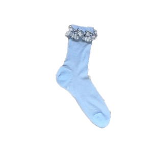 Chaussettes bleues côtelées avec bordure à carreaux et nœud doux pour femme