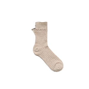 Beige college style crew socks with ribbed texture and decorative scalloped lace edge