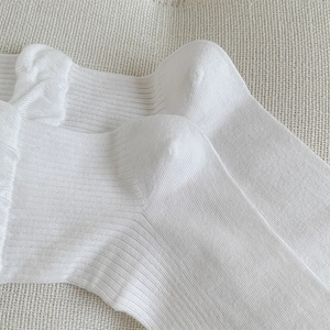 Detailansicht der weißen gerippten Socken mit feinen Rüschenkanten und Spitze