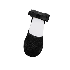 Women's black lace mesh low-cut socks with elegant satin bow decorations in ballet style