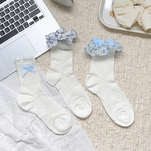 Trois paires de chaussettes blanches avec dentelle bleue et nœuds perles sur fond de tricot