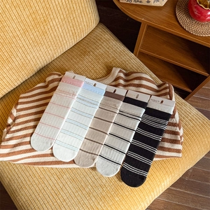 Women Striped Mid Calf Socks Cotton Blend Breathable Ribbed Cuffs Preppy Style Casual Versatile Daily Wear