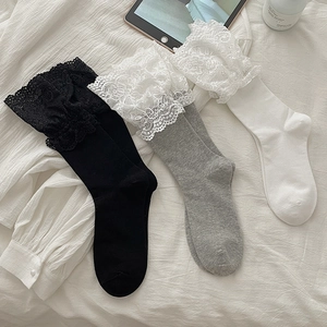 Women Lolita Knee High Socks Cotton Blend Lace Ruffle Trim Sweet French Style Elegant Calf Length Soft Breathable