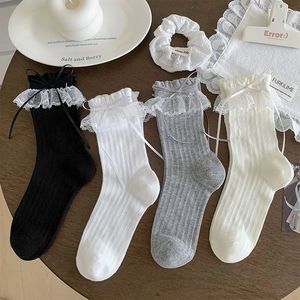 Chaussettes Mi-Mollet Femmes Coton Côtes Avec Bordure Dentelle Et Nœud Ruban Style Lolita Japonais Respirant