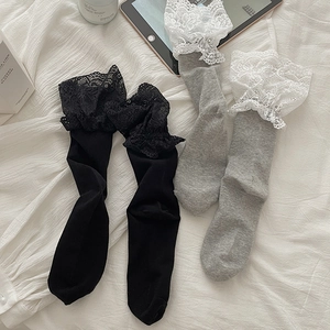 Detail of sweet Lolita-style calf socks with elegant white layered lace trim decor