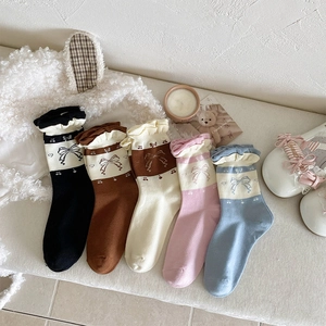 Middle Tube Socks Cotton Blend Lettuce Trim Sweet Bow Cherry Jacquard Retro Lolita Style Vintage Girls Hosiery White