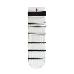 Classic white crew socks with black horizontal stripes and ribbed cuffs on card packaging