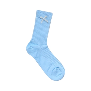 Chaussettes bleu clair en maille côtelée avec nœuds en dentelle blanche style collège
