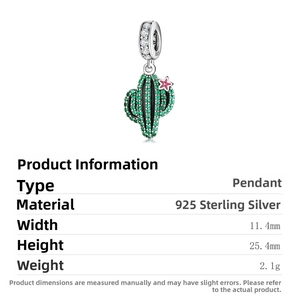 Macro view of S925 sterling silver cactus charm with green pavé stones and size details
