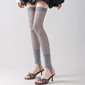 Macro detail of grey stirrup leg warmers showing breathable semi-sheer knit texture