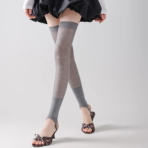 Detail of grey stirrup thigh high socks with breathable thin knit texture on legs