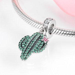 S925 sterling silver cactus charm with green pavé cubic zirconia and pink enamel flower