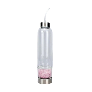 Gourde en verre à infusion de cristaux de quartz rose avec finitions en métal argenté