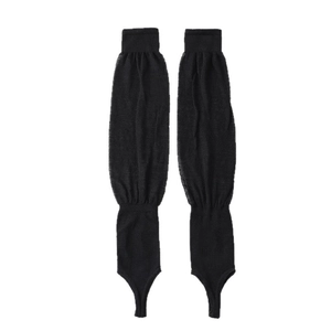 Black ballet style stirrup leg warmers with breathable knitted slouchy design for women