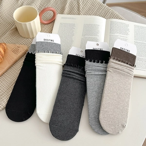 Chaussettes Mi-mollet En Mélange De Coton Pour Femmes Bordure À Volants Couleur Contrastée Tricot Côtelé Style JK Japonais