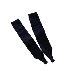 Grey ribbed knit stirrup leg warmers with breathable vertical stripes for ballet fashion