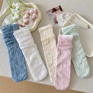 Women Lace Floral Mesh Crew Socks Sheer Breathable Ruffled Mid Tube Sweet Japanese Style Hollow Out