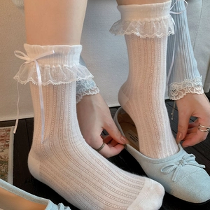Chaussettes blanches à volants en dentelle et nœuds ruban pour femmes style Lolita