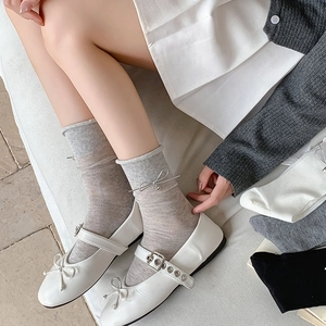 Detail view of cotton socks with bows and metal beads paired with white Mary Jane shoes