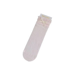 Pink mesh breathable crew socks with elegant lace trim and delicate bow for women