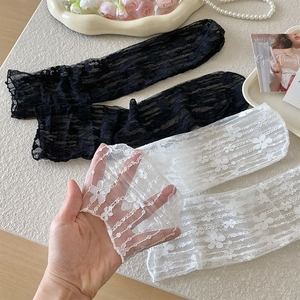 Detailed view of sheer floral lace socks with intricate hollow patterns in black and white