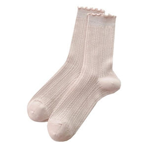 Light pink mid-tube socks with elegant ruffled edges and vertical hollow-out knit patterns