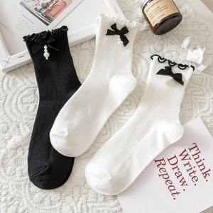 Women Cotton Socks With Bow And Artificial Pearl Decor Frilly Lolita Sweet Ribbed Mid Calf Length Japanese Style
