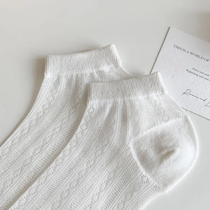 Gros plan de chaussettes blanches en résille avec motifs ajourés et bords côte confort