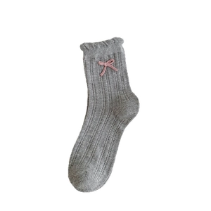 Japanese style grey mesh socks with cute pink bow and sweet ruffle trim for women