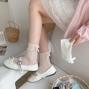 Close-up of frilly lace edge and ribbon bow detail on Japanese style crew socks
