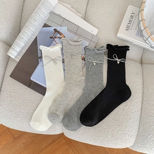 Women Mid Tube Socks Cotton Knit Ribbed Ruffled Edge Ribbon Bow Heart Pendant Sweet Balletcore Style Breathable Socks