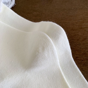 Detailed close-up of white knit ribbed socks featuring delicate lace trim and soft texture