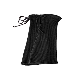 Chic black knitted leg warmers with ribbon bow ties and slim-fit ribbed texture