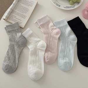 Women Crew Socks Cotton Heart Hollow Out Slouch Style Breathable Mesh Balletcore Japanese JK Sweet Mid Tube Socks