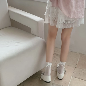 Close-up of white mid-calf socks with delicate back bows and Mary Jane shoes