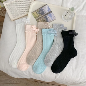Women Cotton Crew Socks Ribbed Mid Calf Sweet Japanese Style With Bow Accent Wavy Trim Lolita JK Apparel