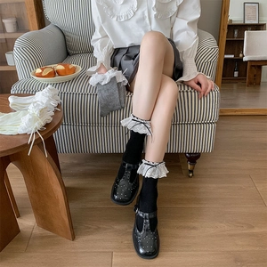 Lace ruffle trim socks with bows in black, white, and grey ballet lolita style