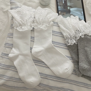 Detail of white and grey knit socks featuring elegant wide lace trim and sweet Lolita style