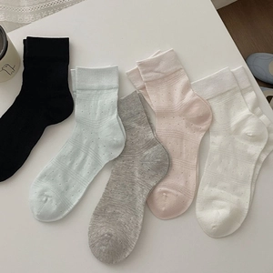 Women Crew Socks Thin Cotton Breathable Hollow Pointelle Mid Calf Socks Simple Korean Style Balletcore For Girls