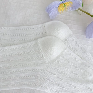 Close-up of white breathable mesh knit socks showing fine diamond stitching and heel detail