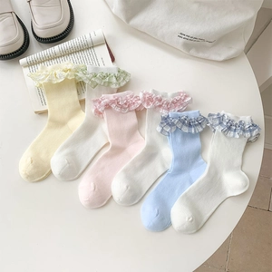 Japanese Style Sweet Gingham Ruffle Crew Socks Cotton Ribbed Mid Tube Plaid Lace Trim Preppy Lolita For Women