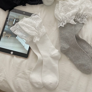 Detailed close-up of white and grey Lolita socks with elegant layered lace trim decor