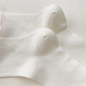Detail of white ribbed knit socks showing the fine texture and heel construction