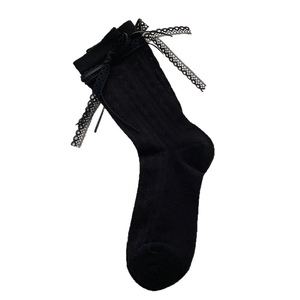 Calze nere stile Lolita con bordo in pizzo e fiocco in raso per ragazze