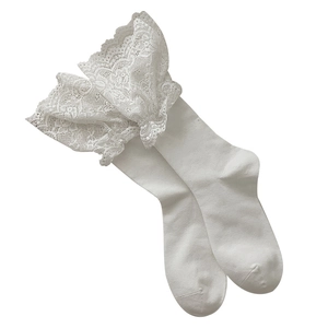 French style white Lolita lace socks with elegant floral embroidery and layered ruffles