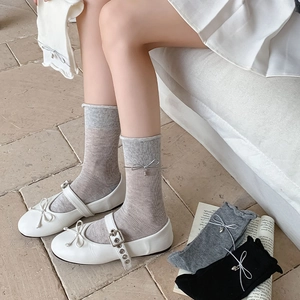 Women's ballet style ribbed mid-calf socks with bow and heart pendant in three colors